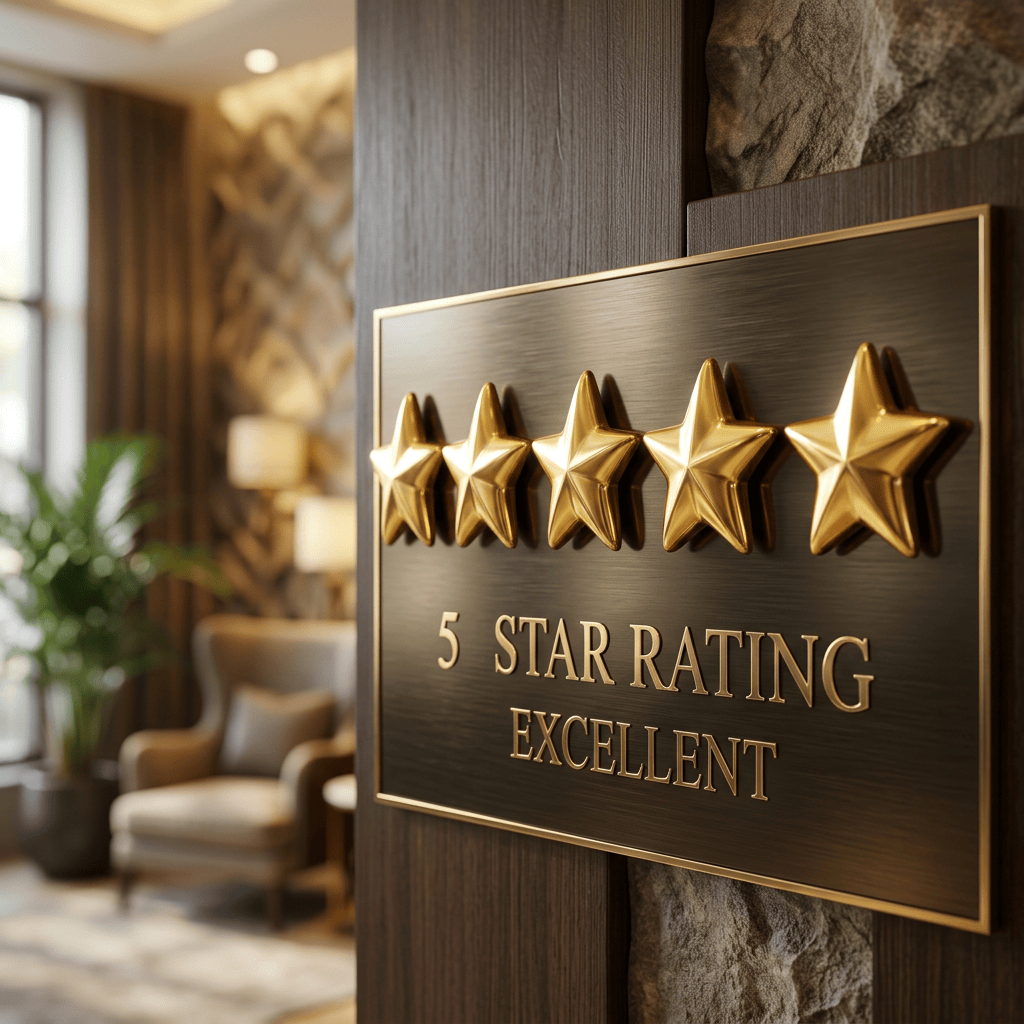 Plaque reading “5 STAR RATING EXCELLENT” with five gold stars